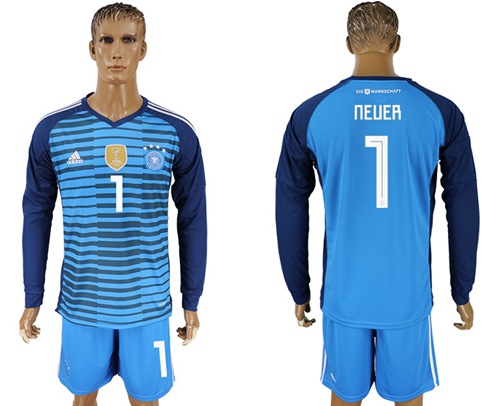 Germany #1 Neuer Blue Goalkeeper Long Sleeves Soccer Country Jersey - Click Image to Close